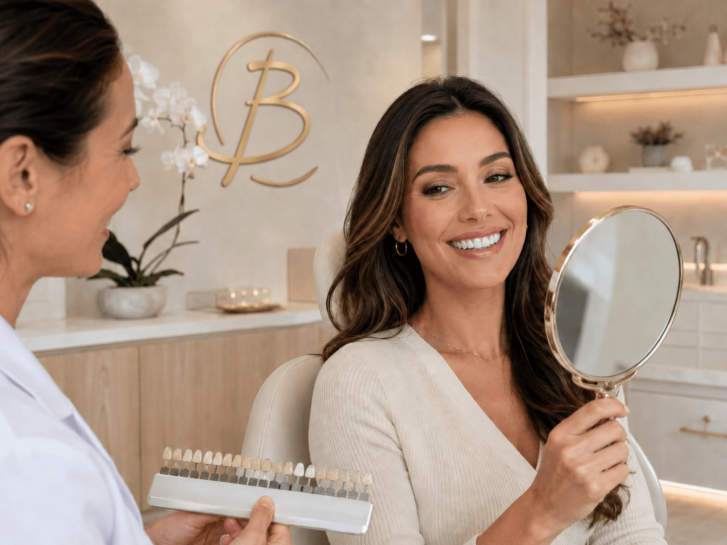 Patient reviewing a natural-looking cosmetic dentistry shade guide in a warm treatment room