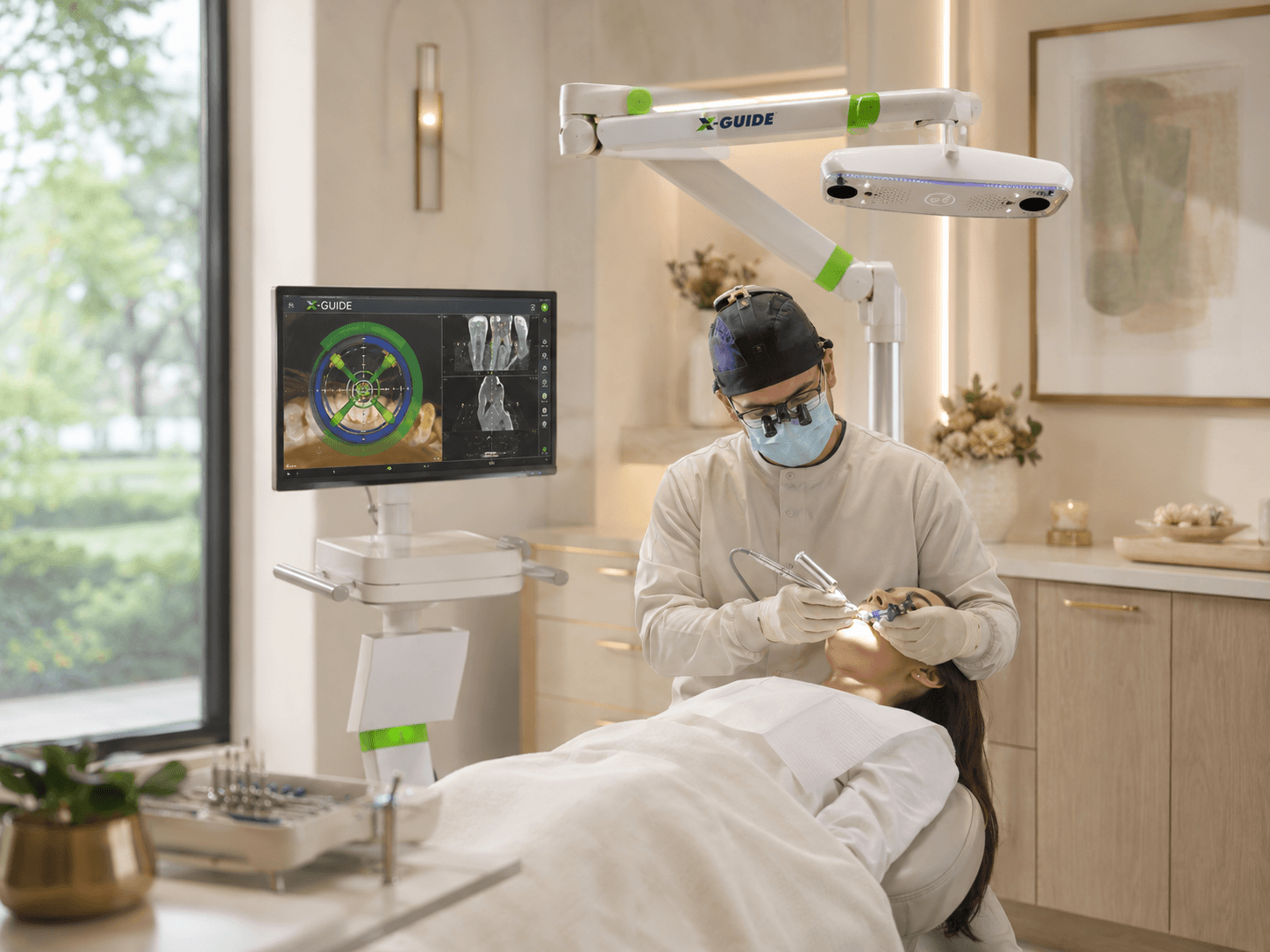 Dentist using guided implant planning technology during a calm dental implant visit
