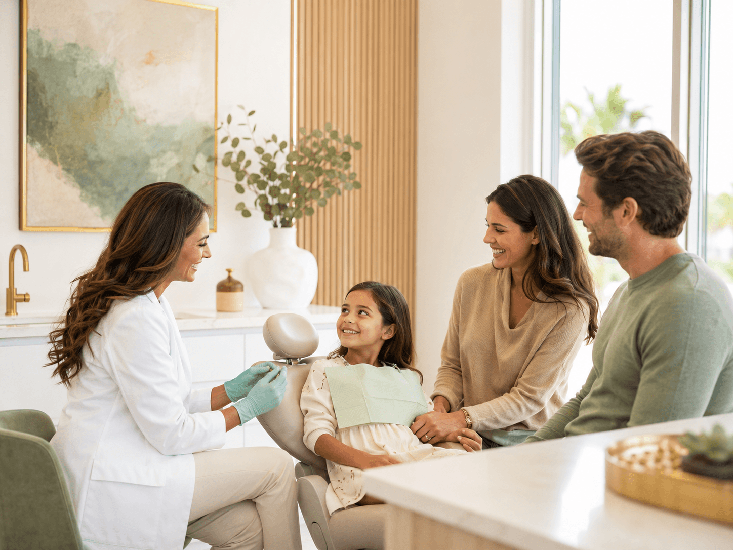 A family and child speaking with a dentist in a warm treatment room.