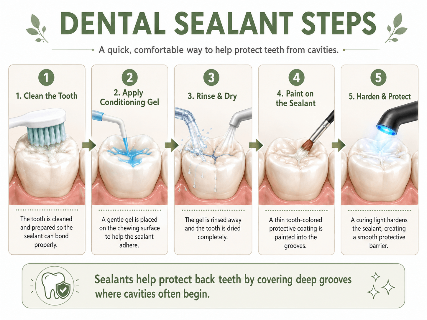 Illustrated steps for applying a dental sealant.