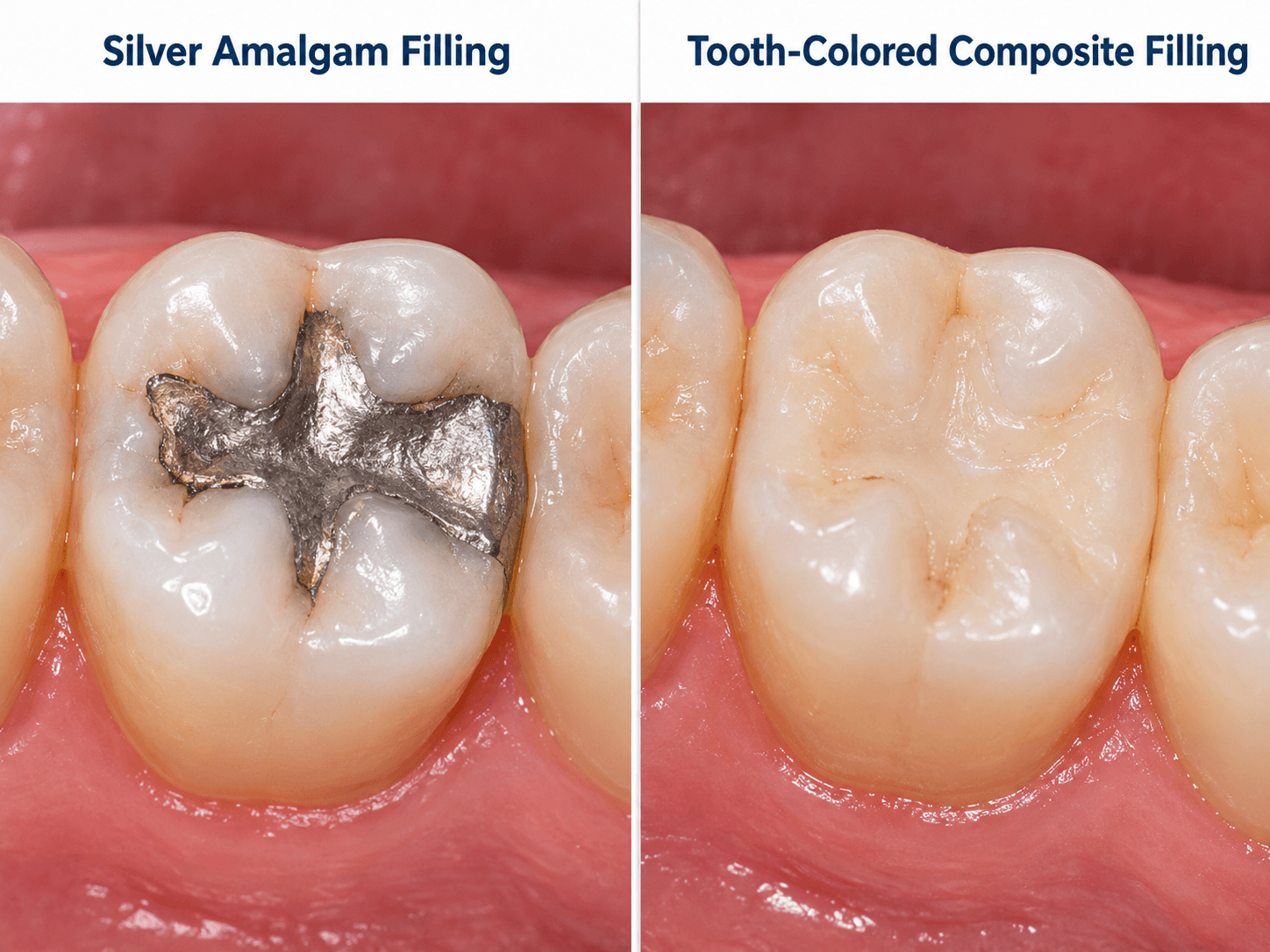 Comparison of an older silver filling and a tooth-colored composite filling.