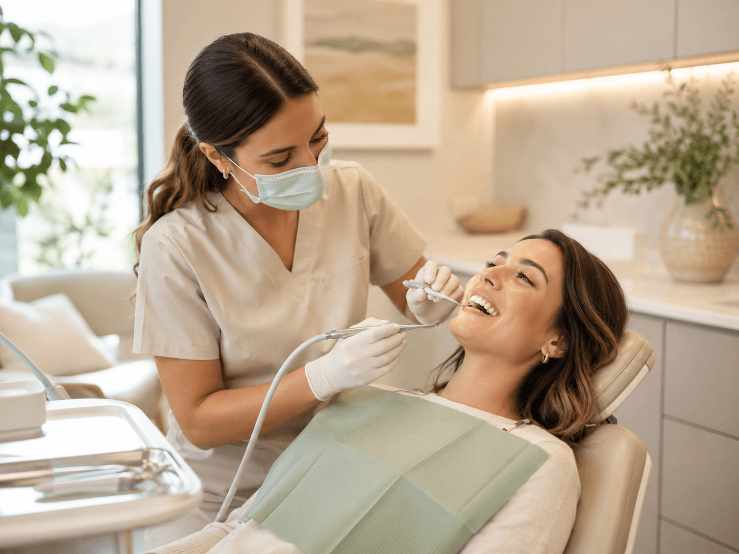 A patient receiving a calm dental cleaning in a warm treatment room.
