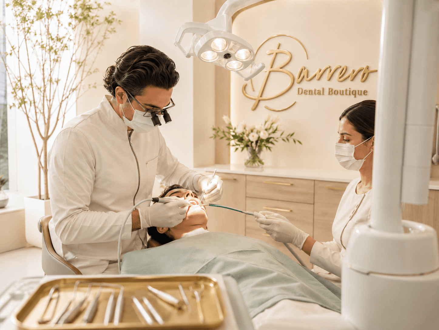 Dental team providing calm, carefully planned surgical dental care in a warm treatment room