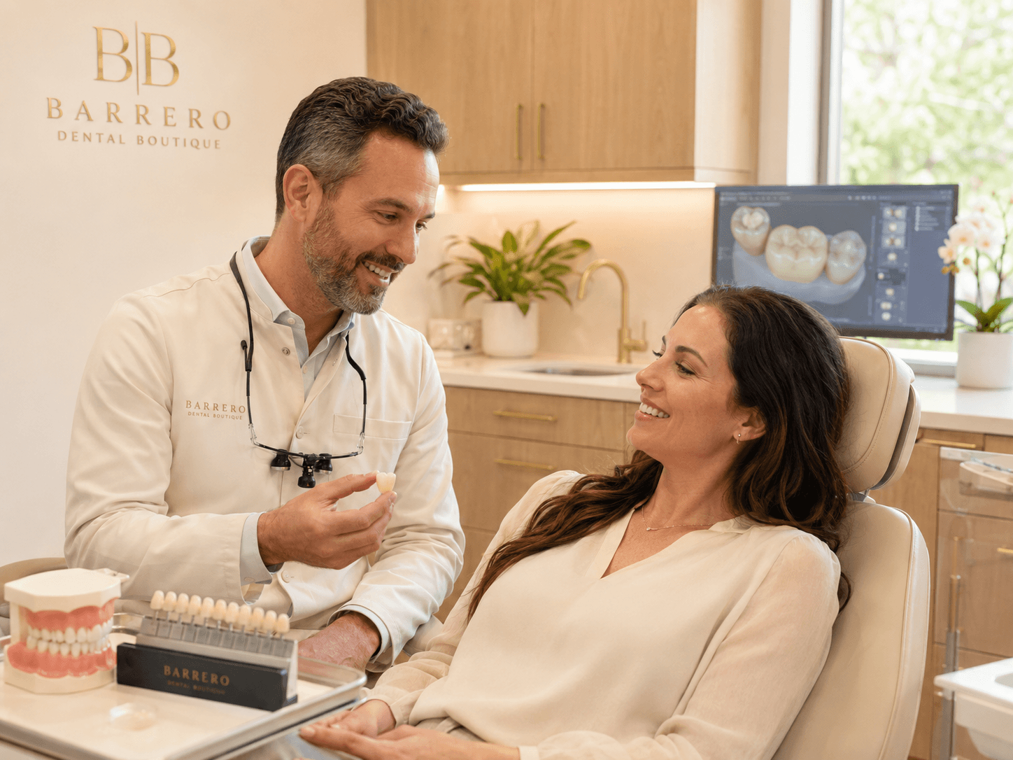 Dentist discussing restorative dentistry options with a patient in a warm treatment room